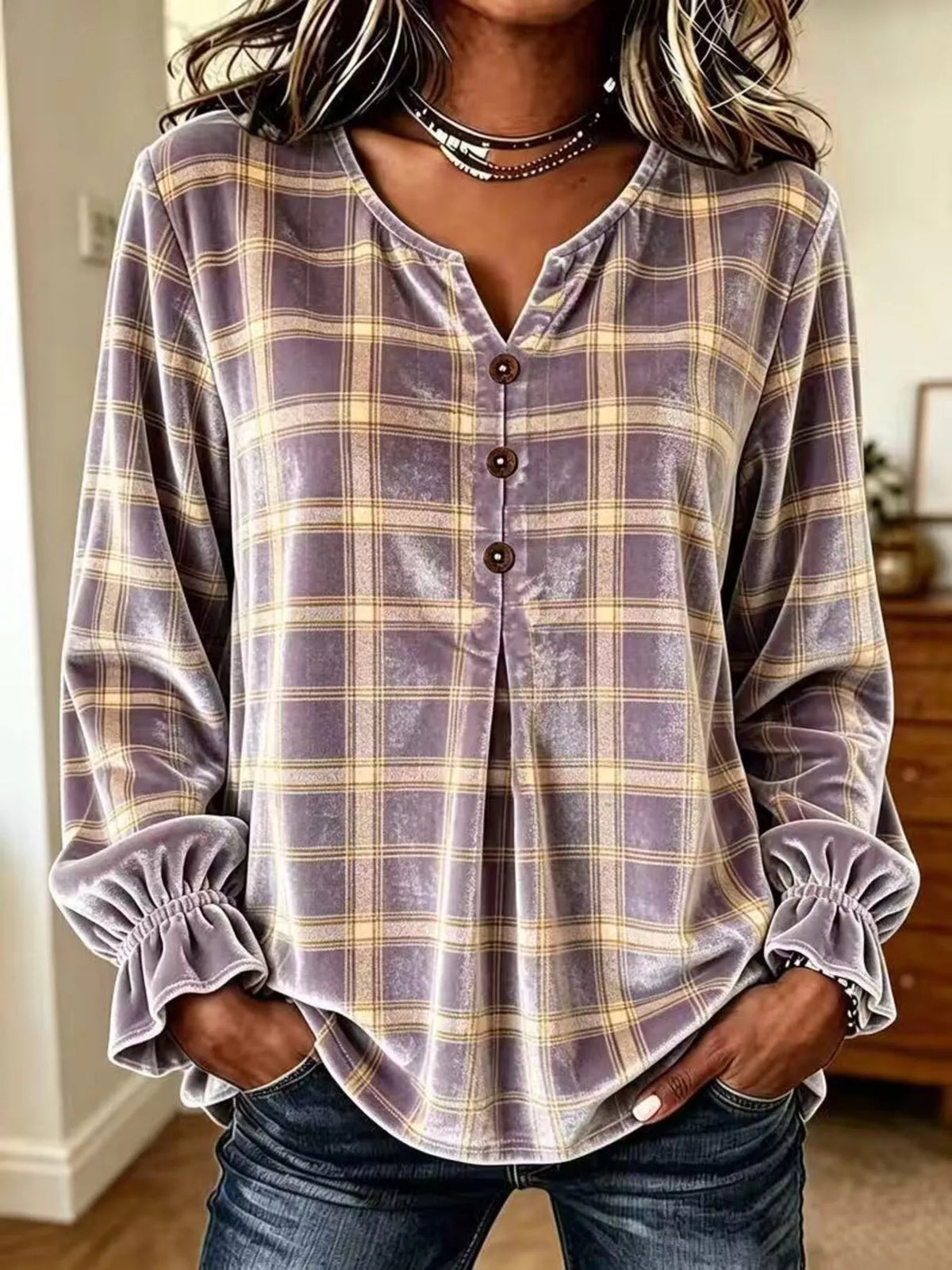 Full Size Plaid Velvet Flounce Sleeve Blouse Plus Size - Lilac - View 1