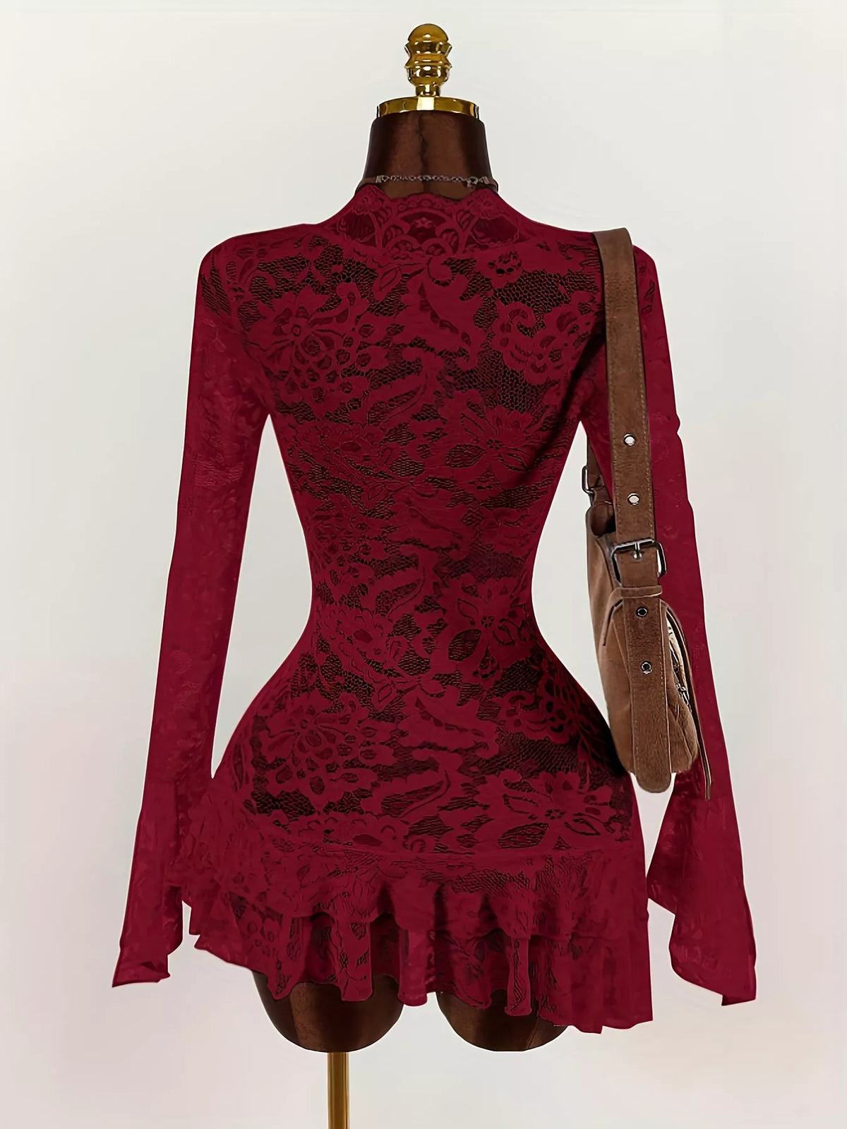 Lace V-Neck Long Sleeve Ruffled Blouse - Red - View 3