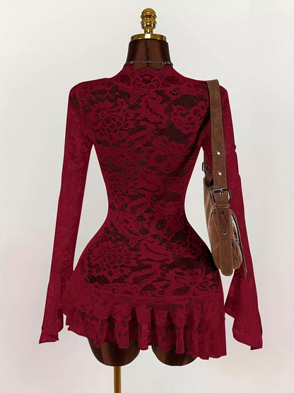 Lace V-Neck Long Sleeve Ruffled Blouse - Red - View 3