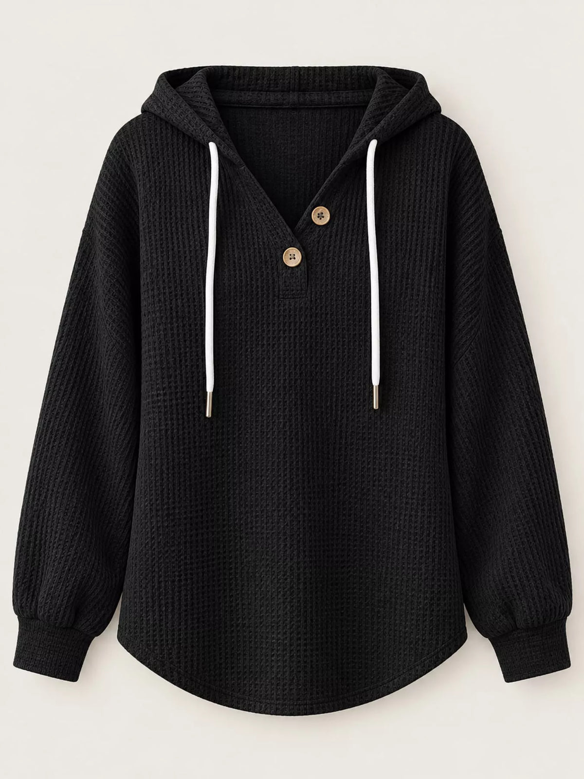 Full Size Waffle Knit Button Detail Hoodie Plus Size - Black - View 23