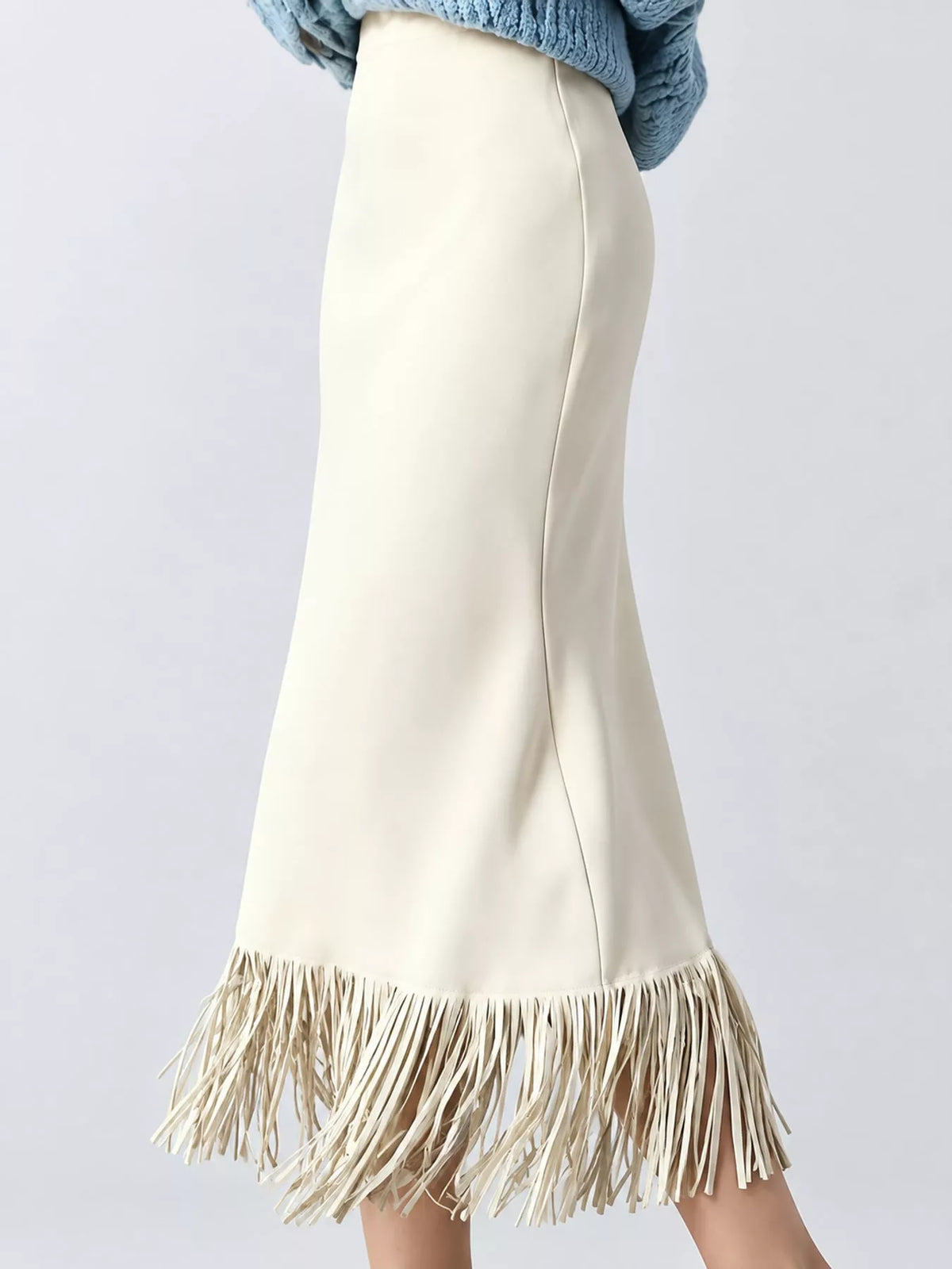 High-Waisted Fringe Midi Skirt - Off White - View 11