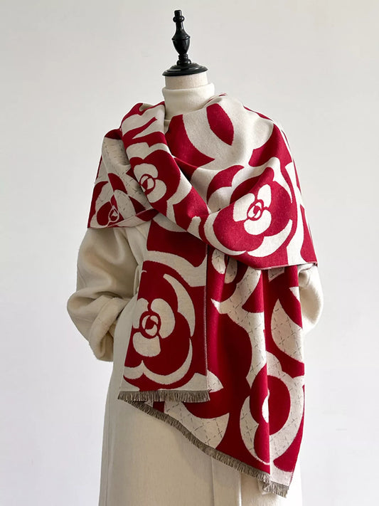 Floral Patterned Warm Scarf - Red - View 1