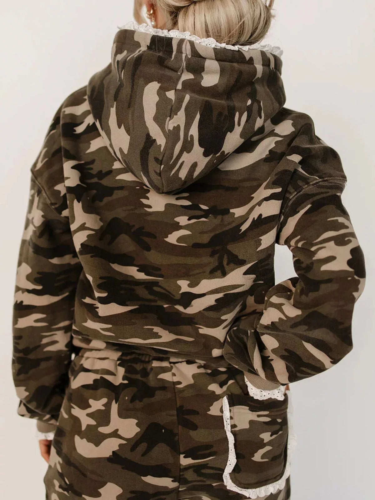Lace Trim Kangaroo Pocket Hoodie - Green Camouflage - View 2