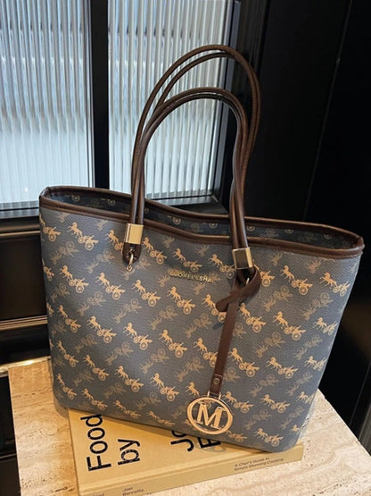 Printed Tote Shoulder Bag - Dark Blue - View 1