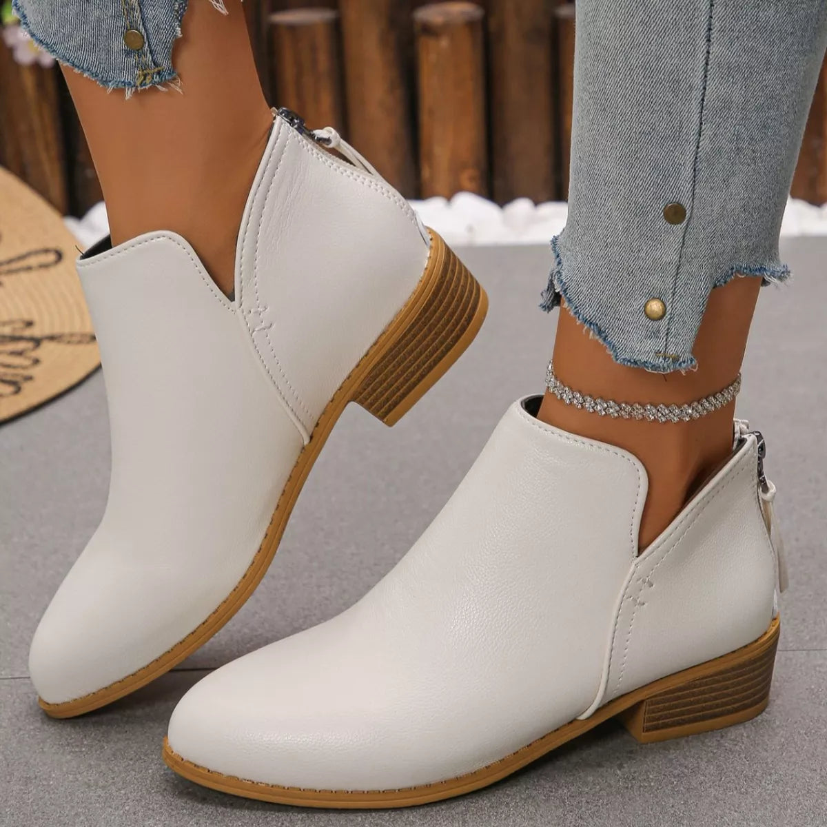 Point Toe Block Heels Boots - White - View 15