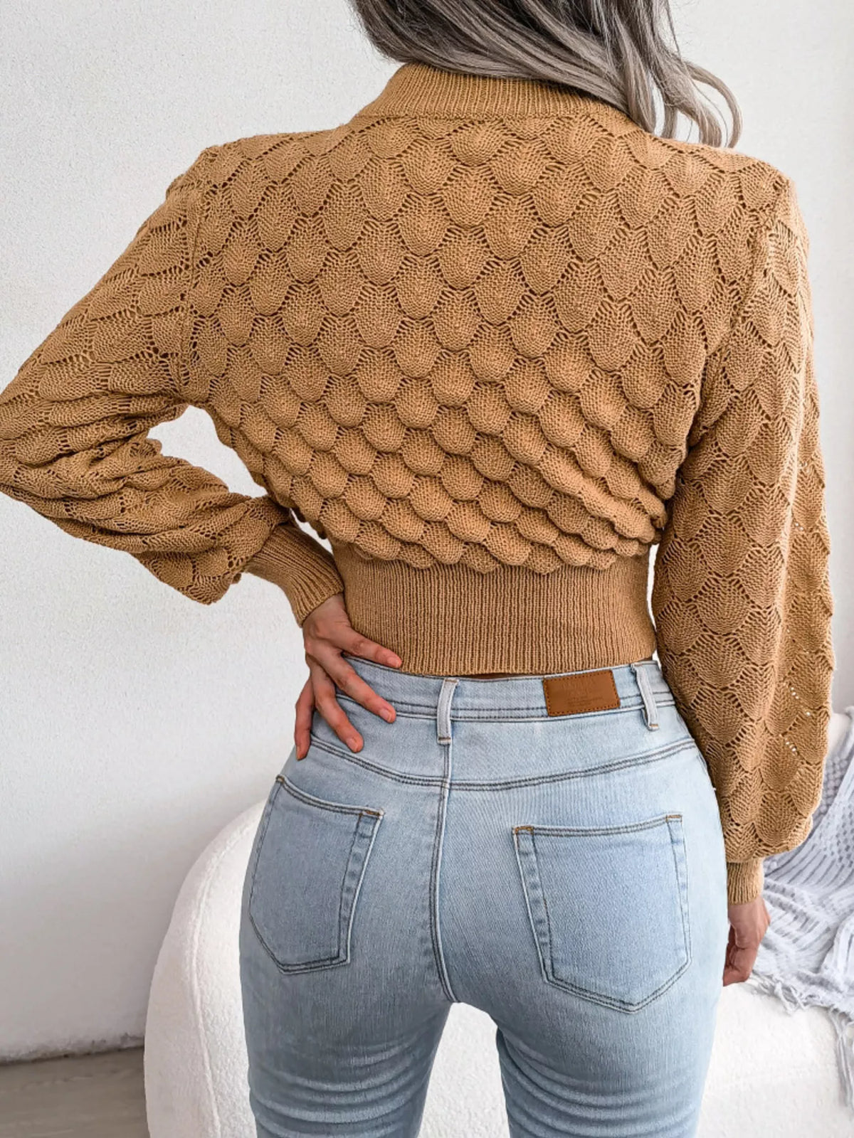 Mock Neck Textured Cropped Sweater - Camel - View 2