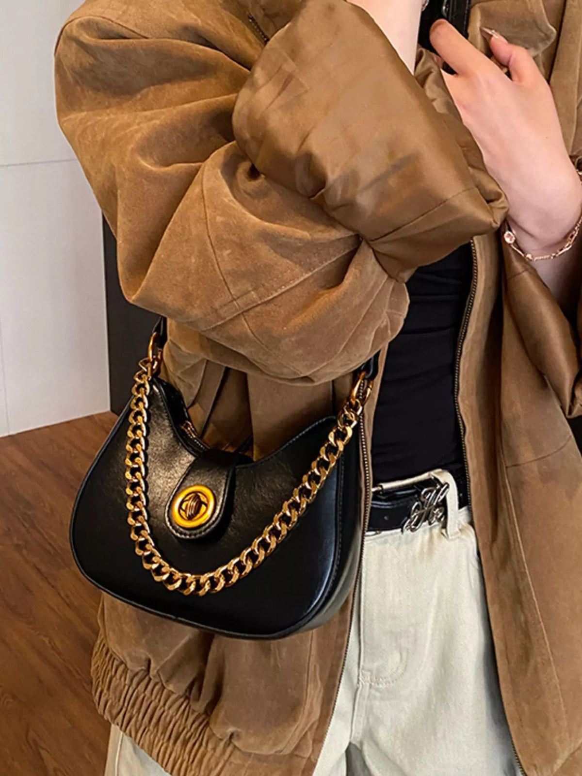 Chain Accent Shoulder Bag - Black - View 2