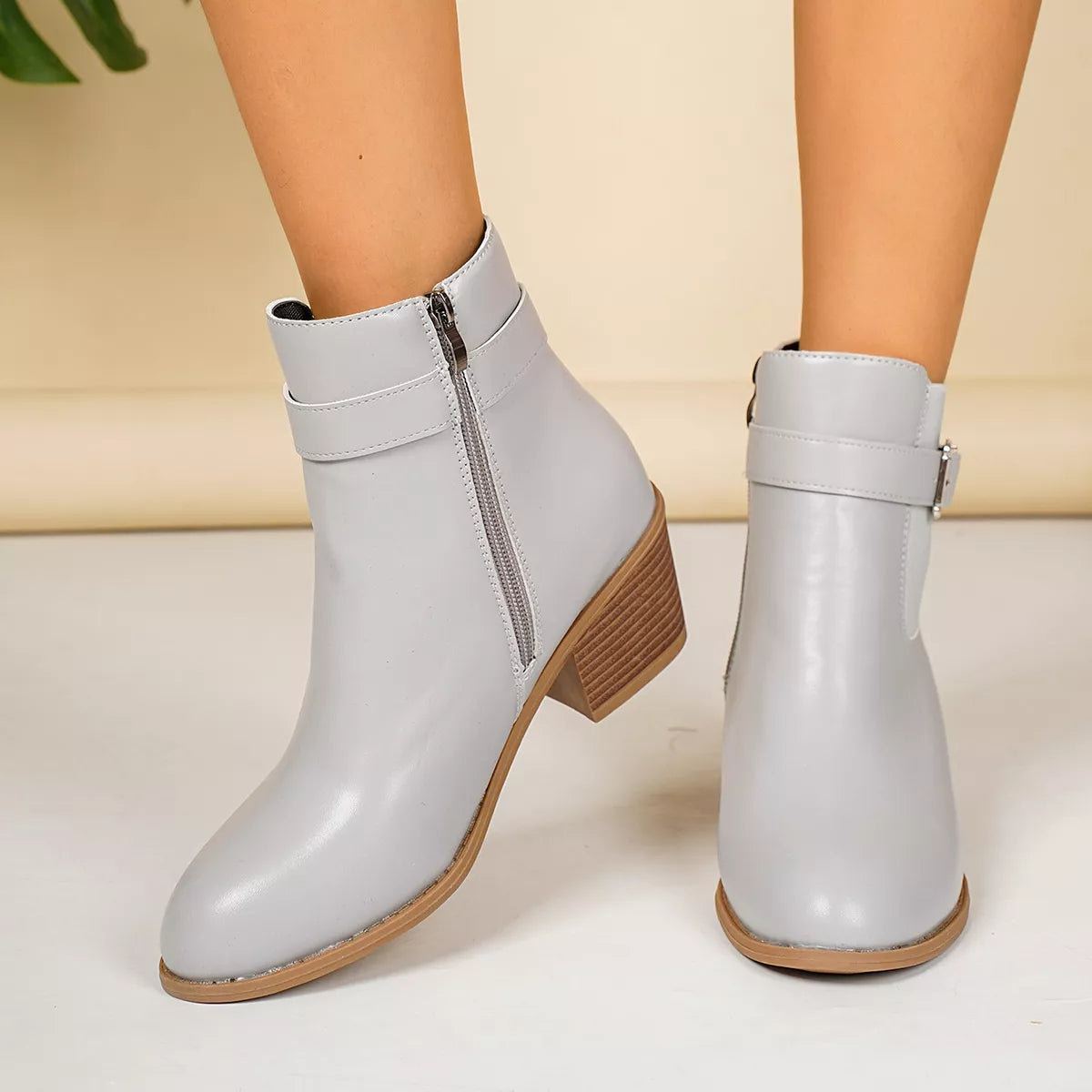 Point Toe Block Heels Boots - Gray - View 3