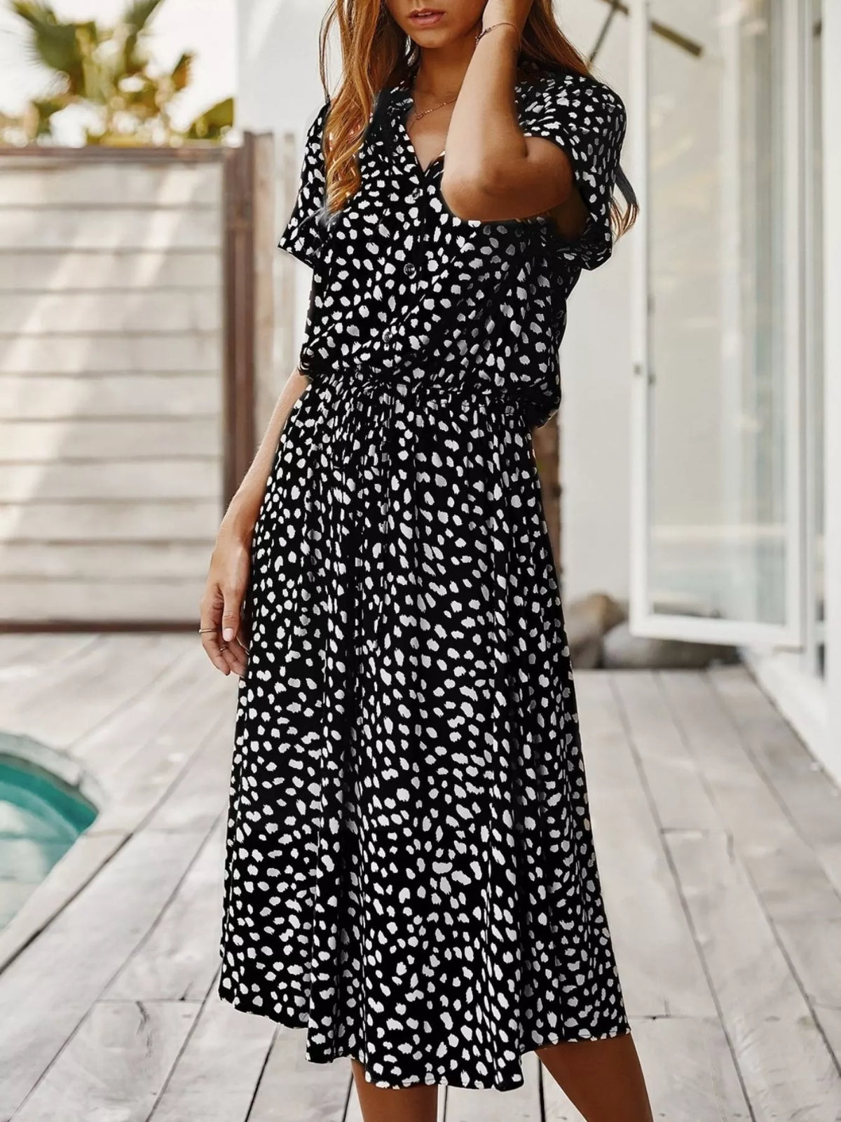 Animal Print Drawstring Waist Midi Dress - Black - View 1