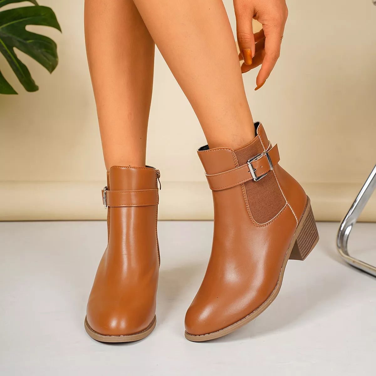 Point Toe Block Heels Boots - Dark Brown - View 1