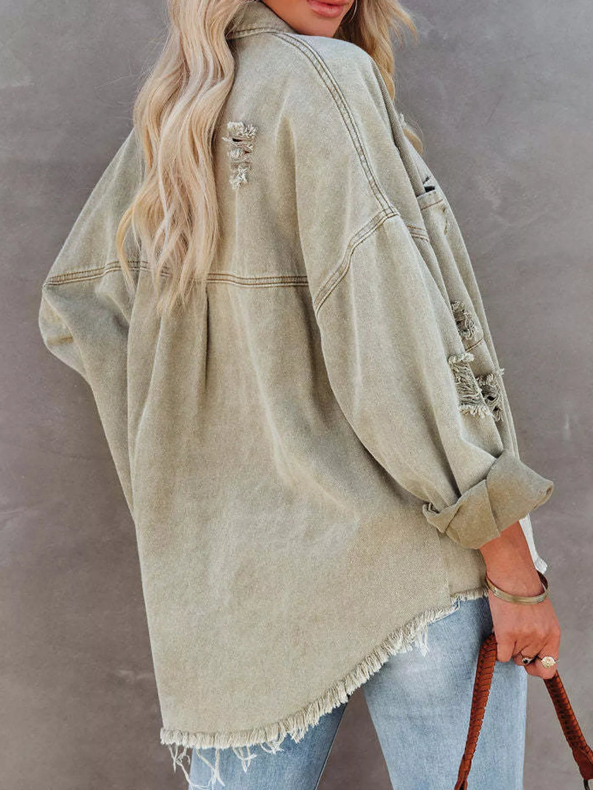 Distressed Raw Hem Denim Jacket - Matcha Green - View 2