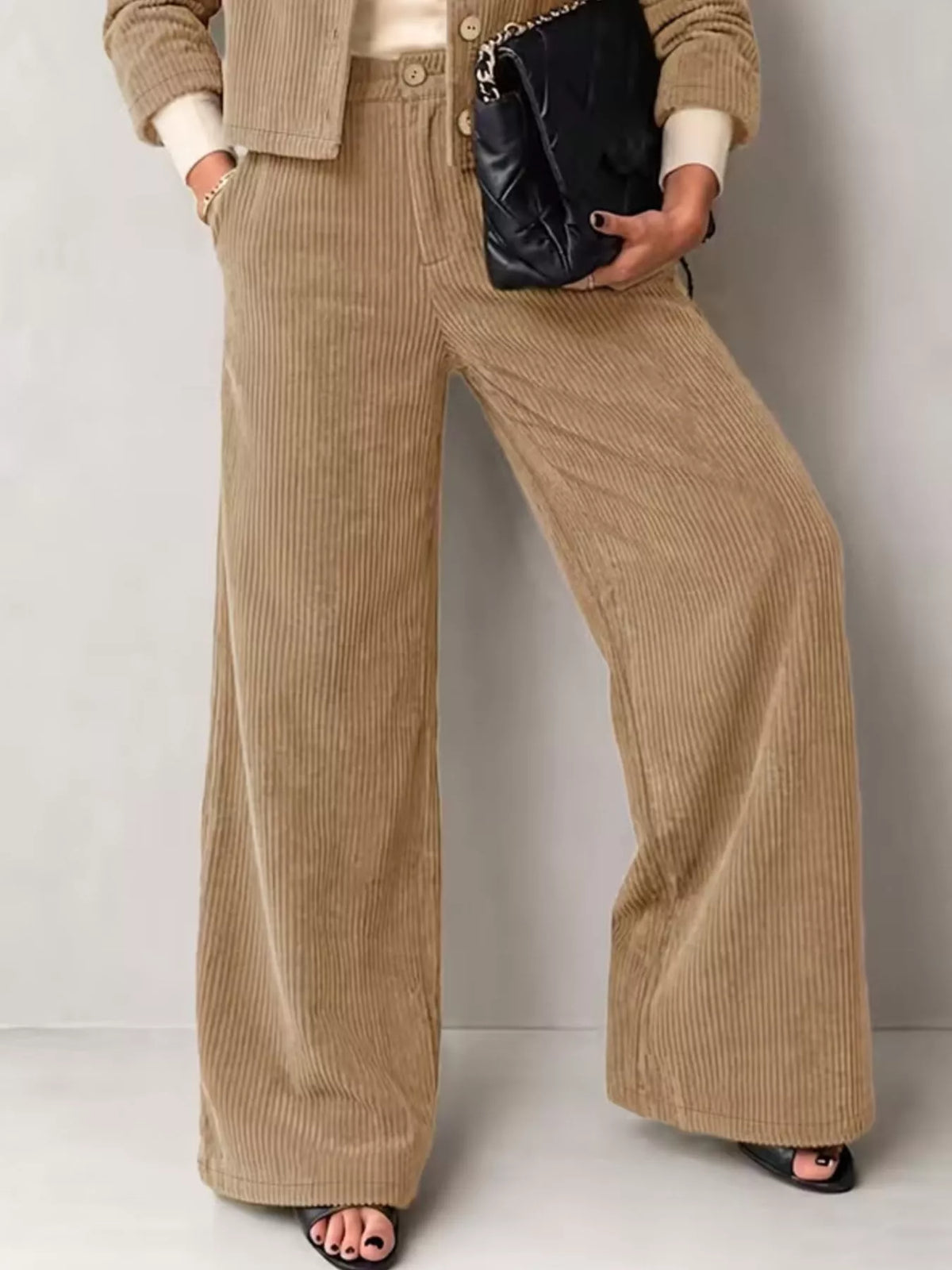 Full Size Corduroy Button-Down Jacket and Wide-Leg Pants Two-Piece Set Plus Size - Khaki - View 9