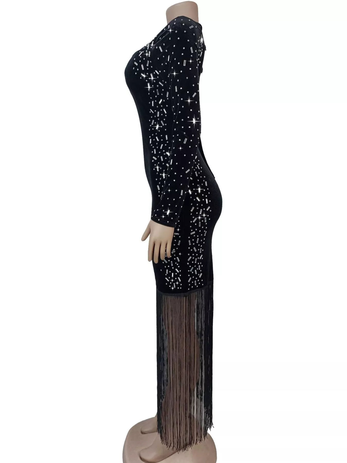 Asymmetrical Rhinestone Fringe Dress - Black - View 4