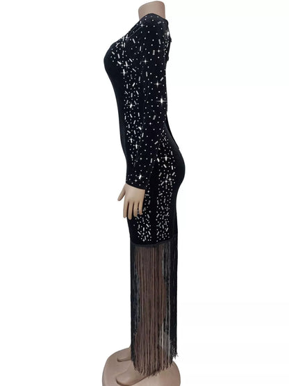 Asymmetrical Rhinestone Fringe Dress - Black - View 4
