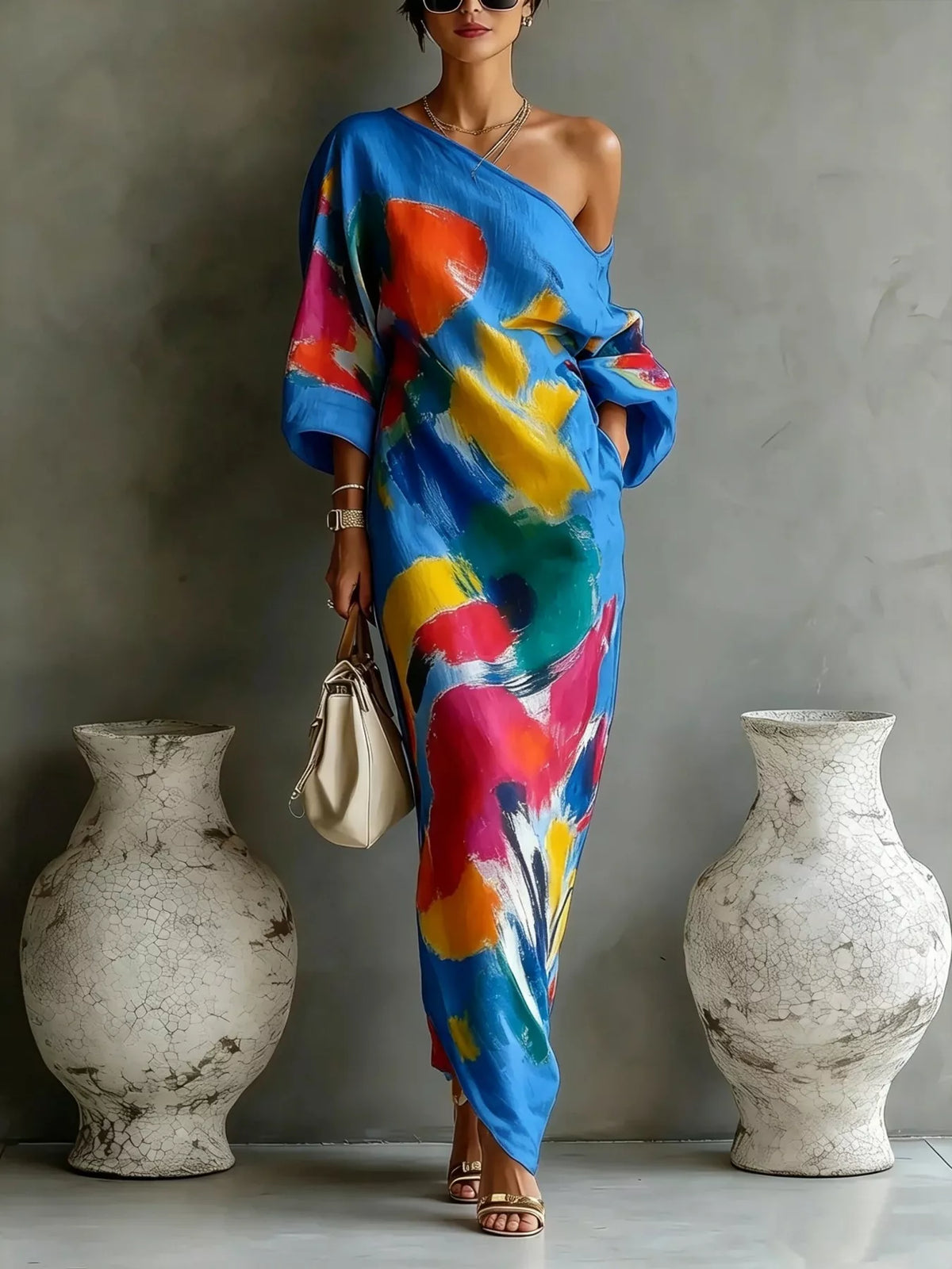 Full Size One-Shoulder Abstract Print Loose Fit Maxi Dress Plus Size - Blue - Original supplier view 10