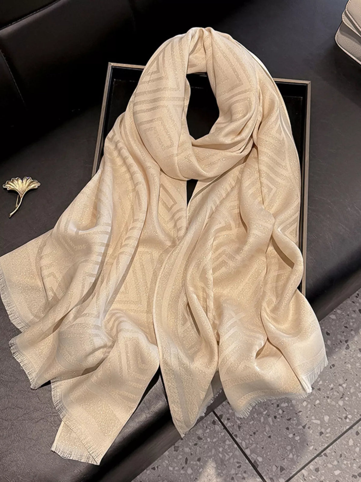 Raw Hem Lightweight Scarf - Beige - View 1