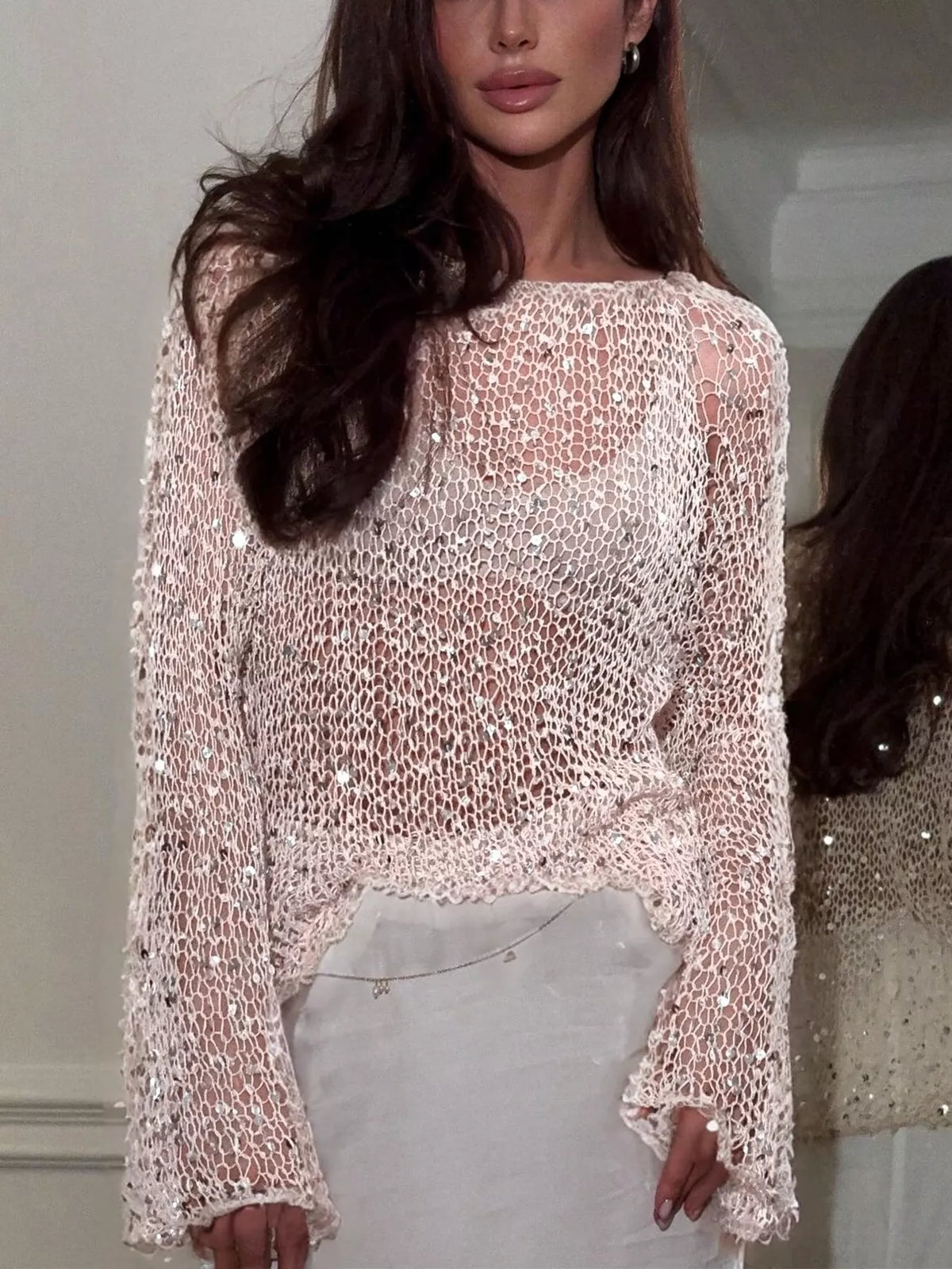 Sequin Long Sleeve Knit Cover Up - White - View 1