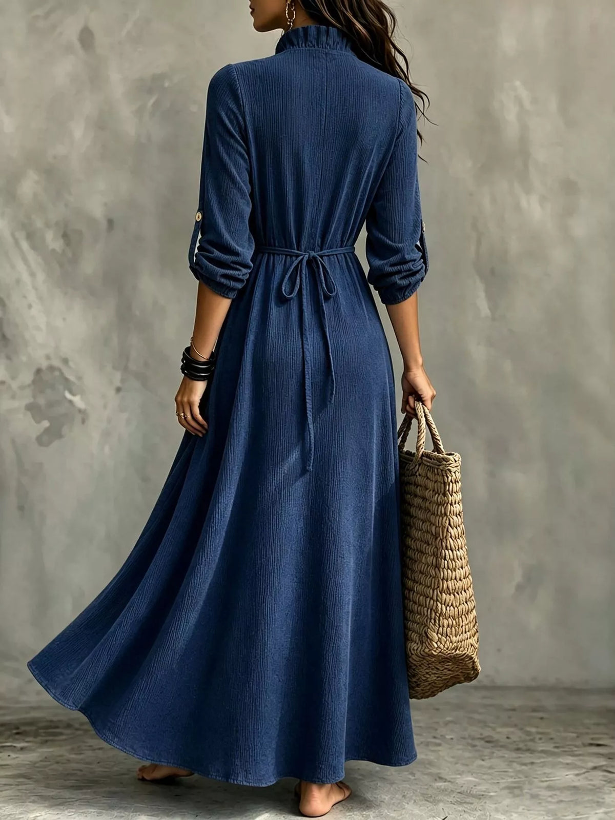 Full Size V-Neck Maxi Dress with Roll-Up Sleeves Plus Size - Dark Blue - View 2