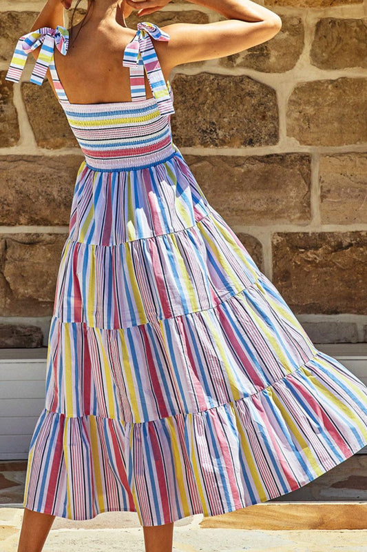 Striped Tie-Shoulder Smocked Tiered Dress - Stripe - View 2