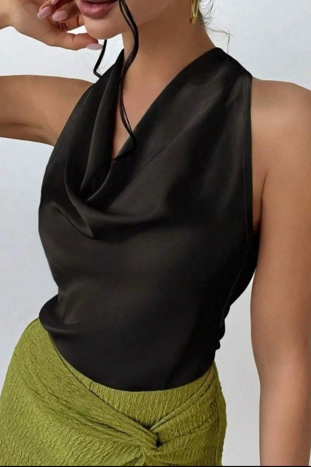 Satin Cowl Neck Sleeveless Blouse - Black - View 6
