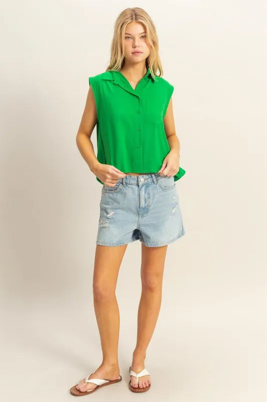 HYFVE Buttoned Front Sleeveless Collar Shirt - KELLY GREEN - View 4