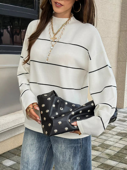 Striped Mock Neck Sweater - Black And White Stripes - View 4