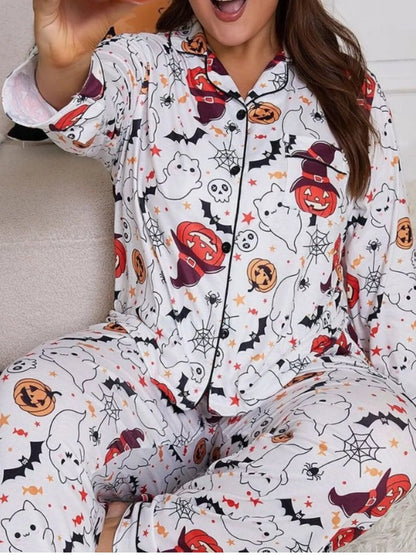 Plus Size Halloween Ghost and Pumpkin Print Top and Pants Lounge Set - White - View 3