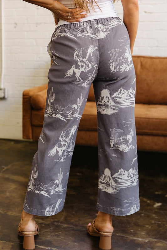 Gray Wild West Riding Vintage Printed Shift Jeans - Gray - 2