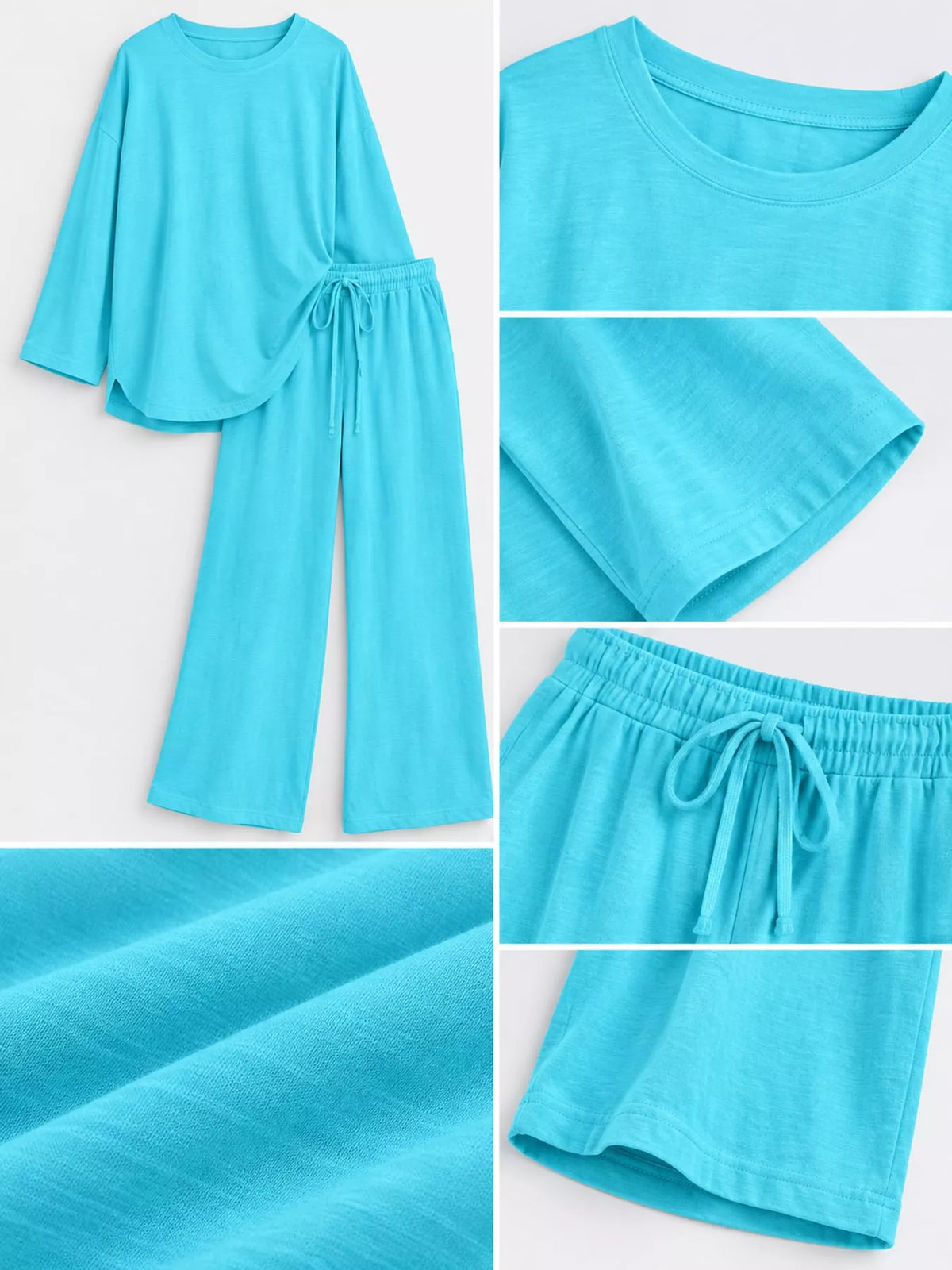 Full Size Round Neck Top and Drawstring Wide-Leg Pants Set Plus Size - Lake Blue - View 4