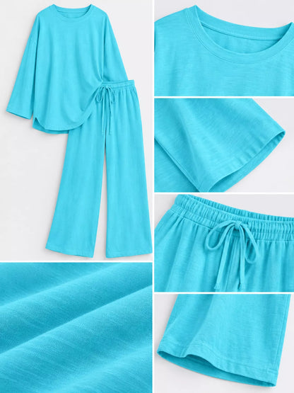 Full Size Round Neck Top and Drawstring Wide-Leg Pants Set Plus Size - Lake Blue - View 4