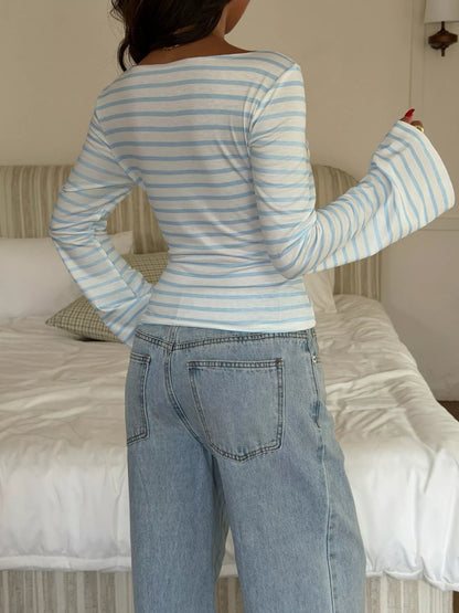 Striped Flare Sleeve Slim Fit T-Shirt - Light Blue - View 5