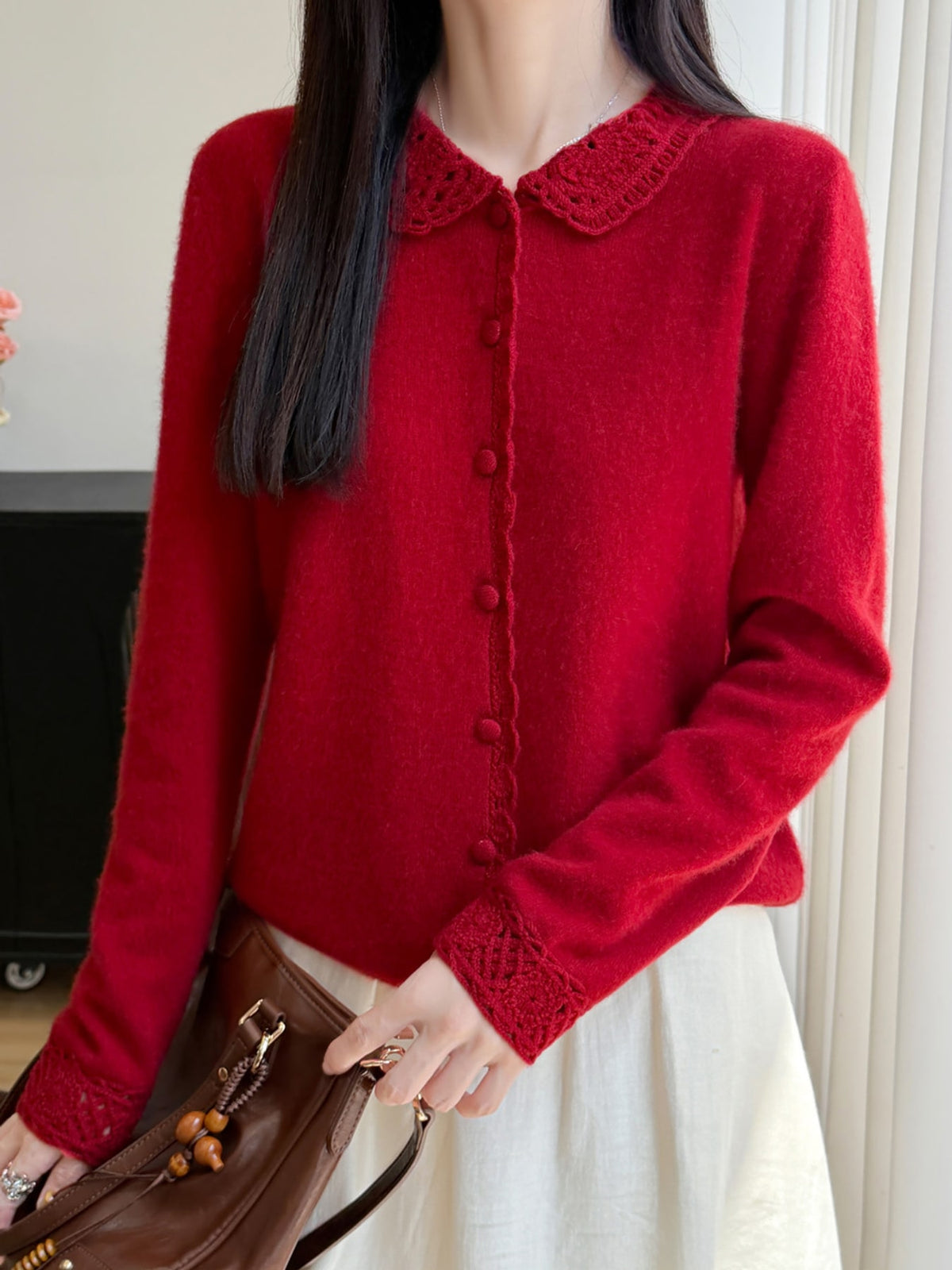 Lace-Collar Button Down Knit Cardigan - Cherry Red - View 29