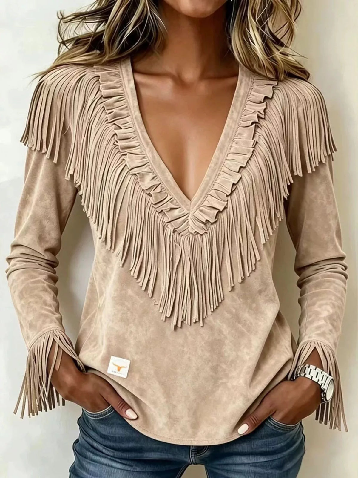 Fringed V-Neck Blouse - Beige - View 1