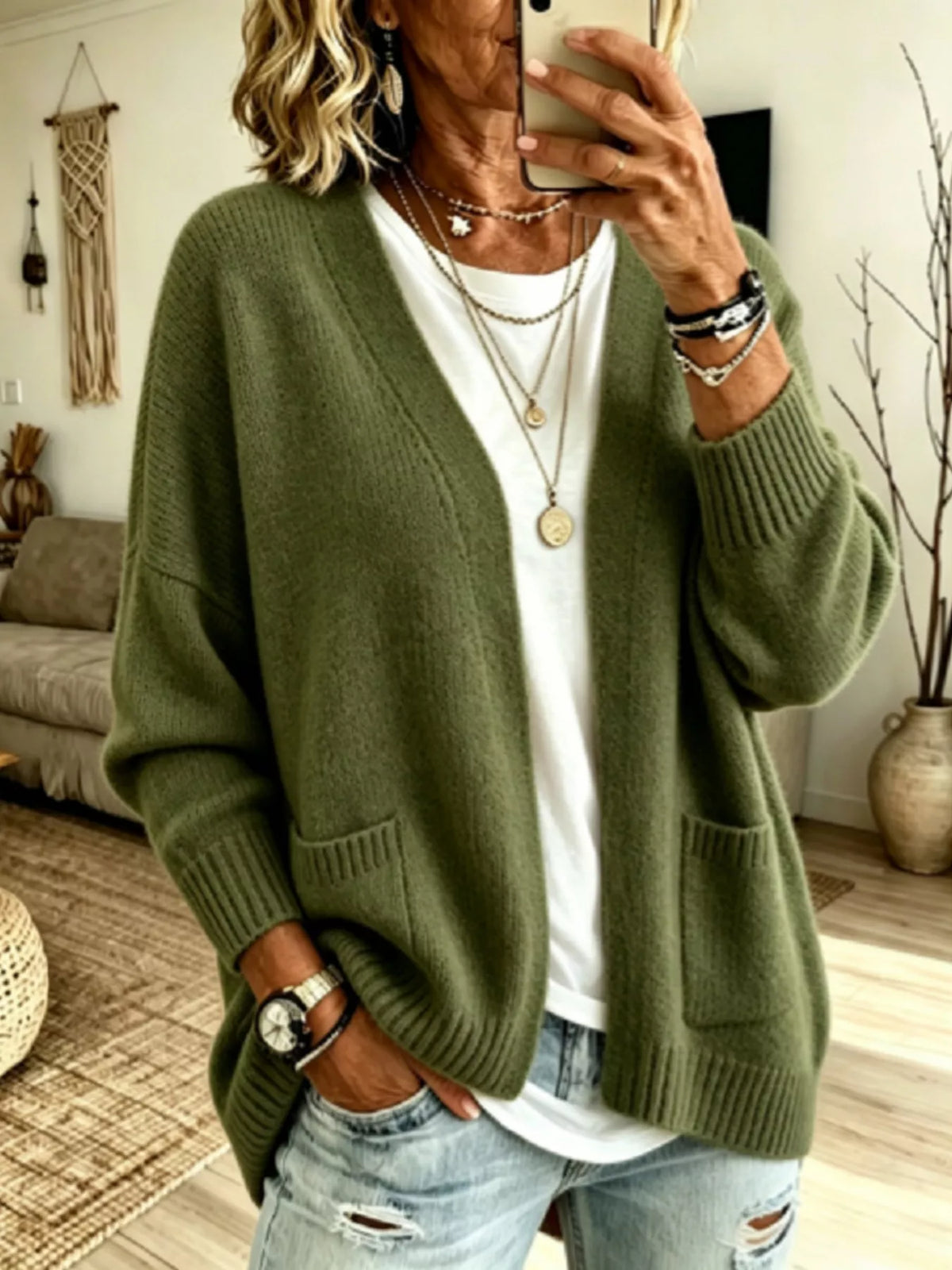 Open Front Knit Cardigan with Pockets - Army Green - View 6