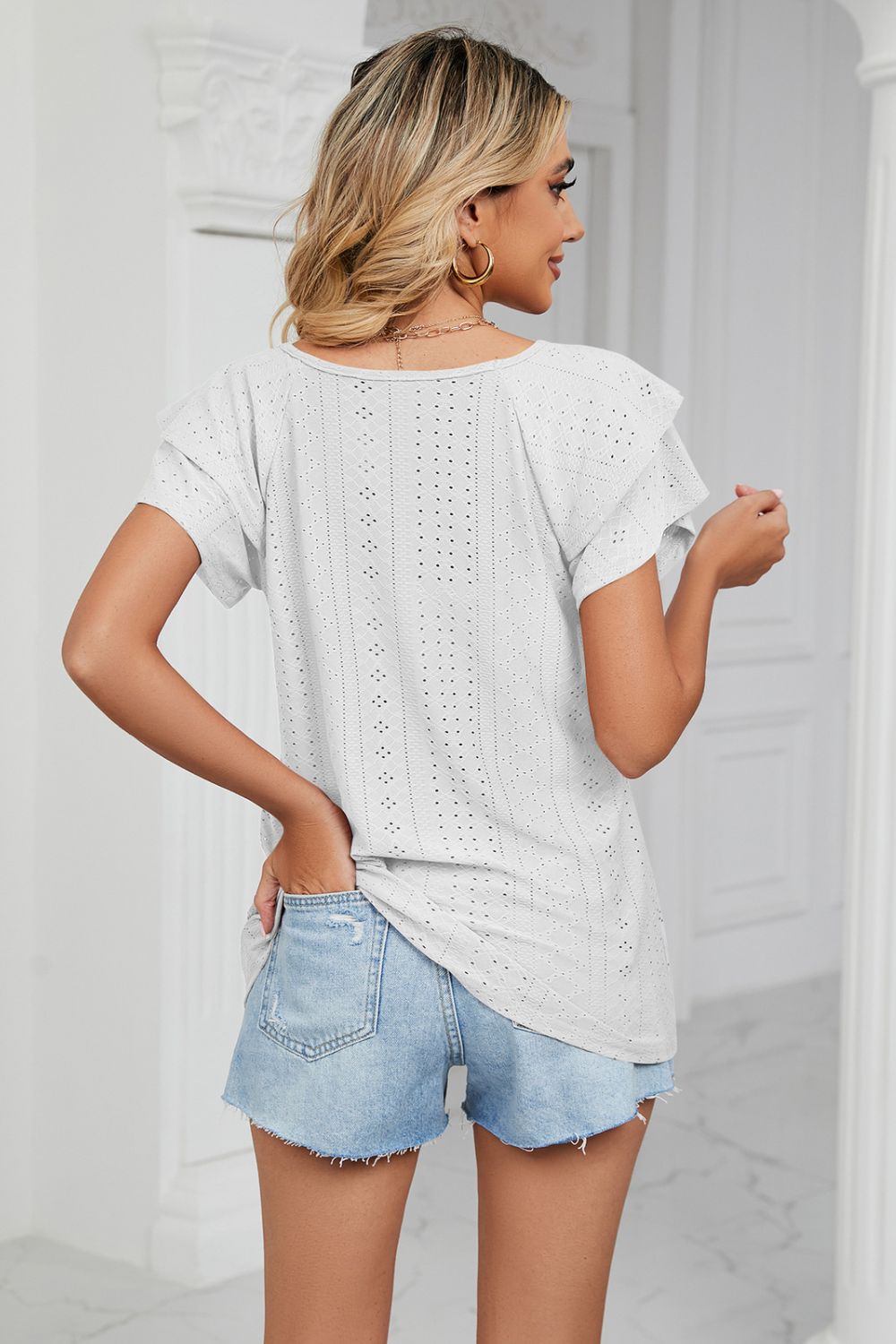 Eyelet Layered Flutter Sleeve V-Neck Knit Top - White - View 21