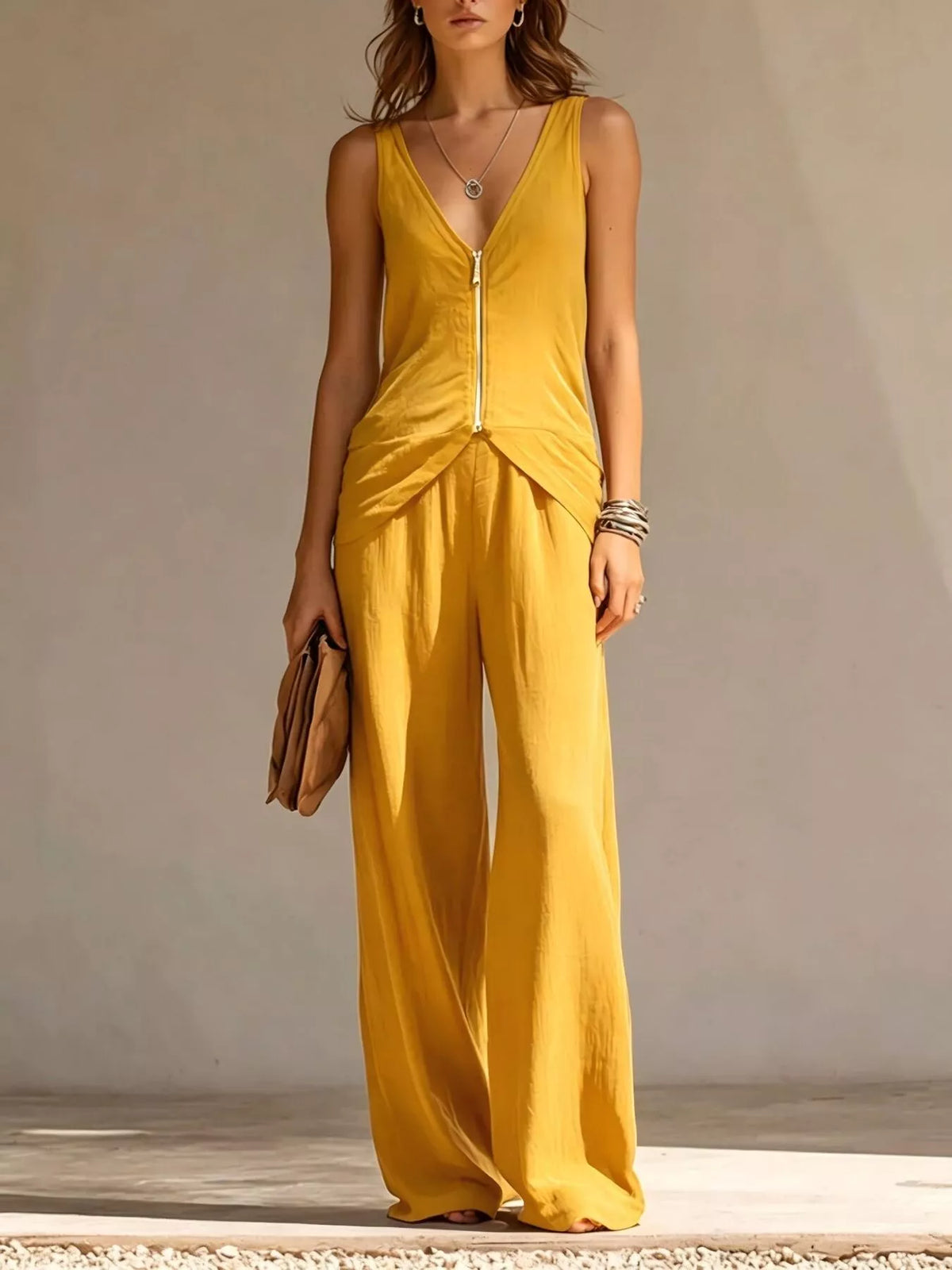 Full Size Zipper Front Tank and Wide-Leg Pants Set Plus Size - Yellow - View 1