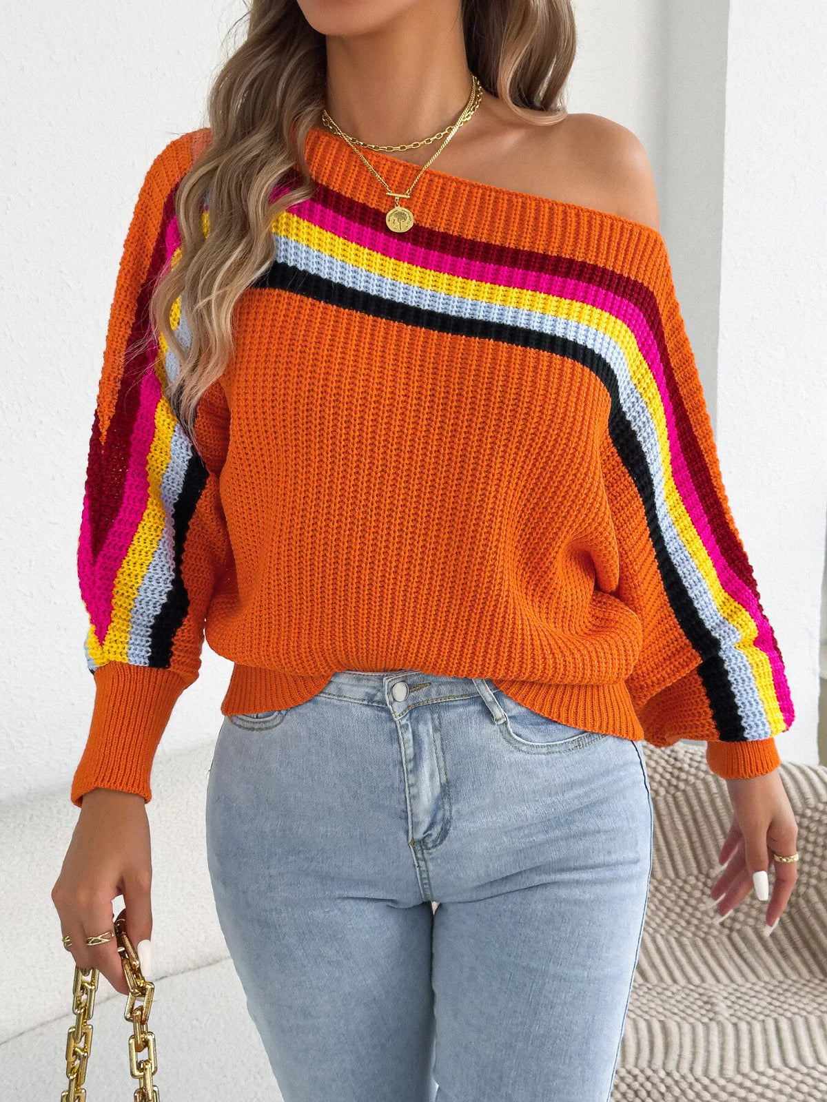 Striped Knit Boat Neck Sweater - Orange - View 2