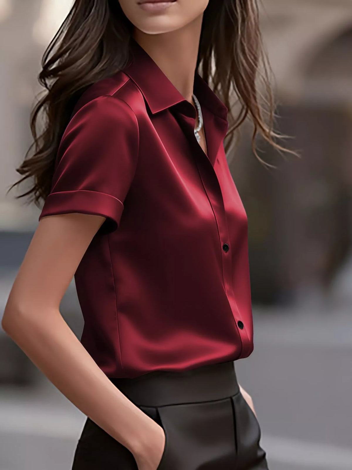 Satin Short-Sleeve Shirt - Burgundy - View 3