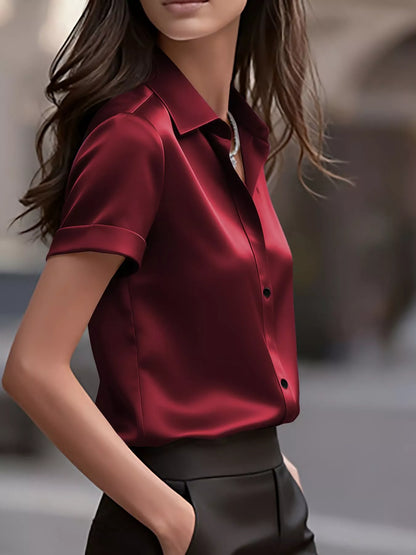 Satin Short-Sleeve Shirt - Burgundy - View 3