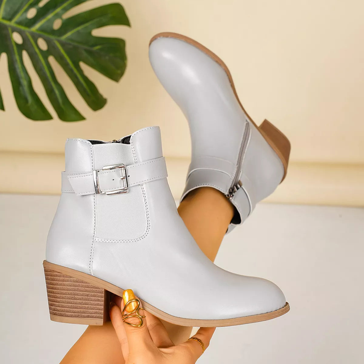 Point Toe Block Heels Boots - Gray - View 5