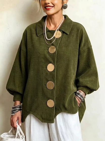 Full Size Corduroy Button-Down Jacket Plus Size - Army Green - View 1