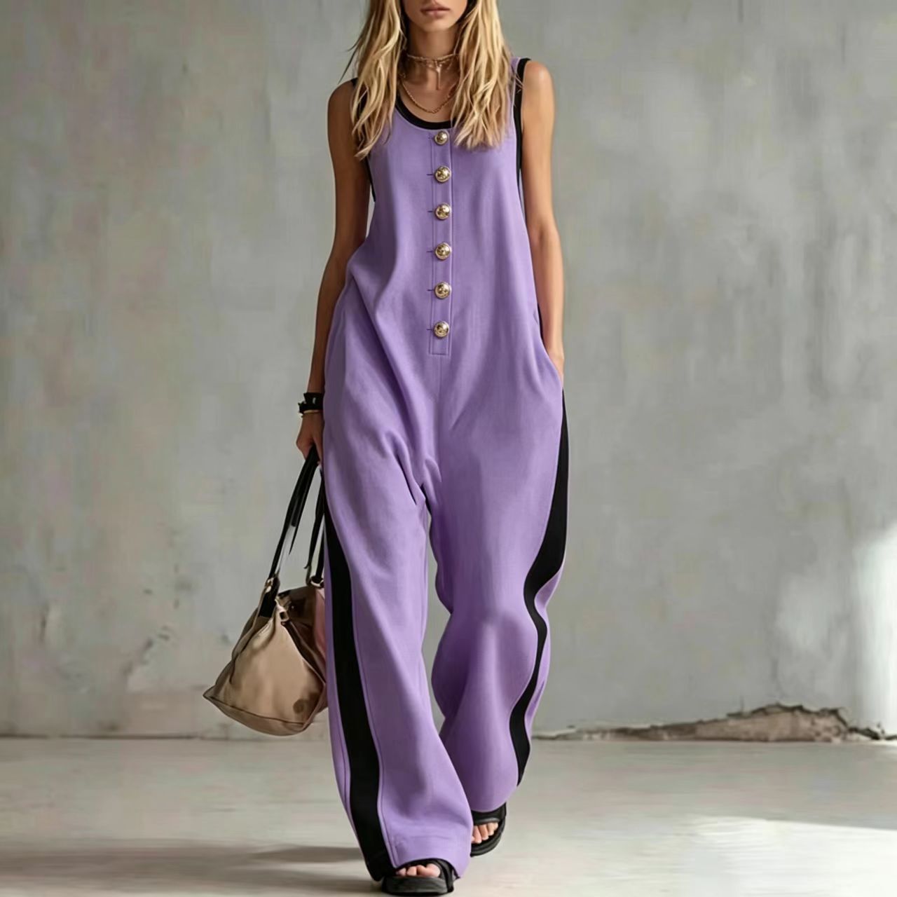 Creative Button Round Neck Color-Blocked Sleeveless Casual Jumpsuit