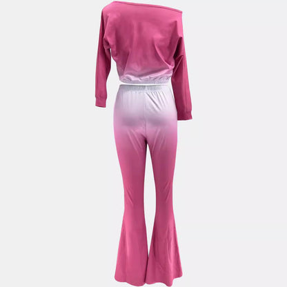 Off-Shoulder Asymmetrical Gradient Solid Color Flared Pants Two-Piece Set