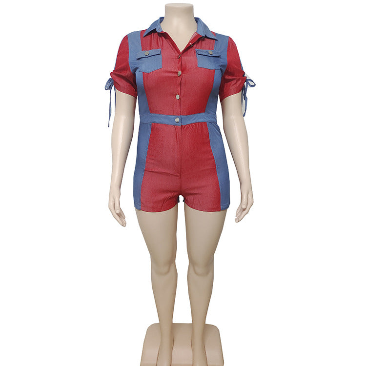 Women's summer street casual single-breasted two-tone spliced short-sleeve denim-style jumpsuit