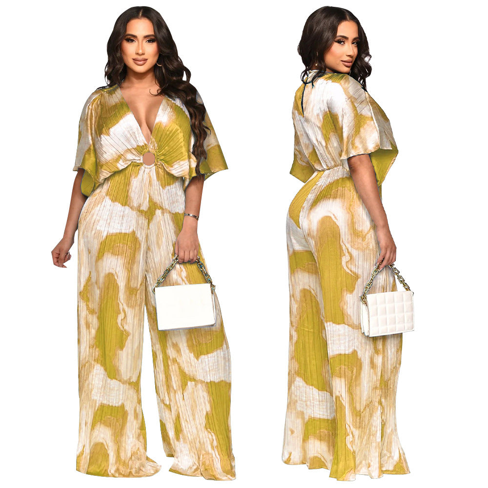 V-neck pleated jumpsuit for women