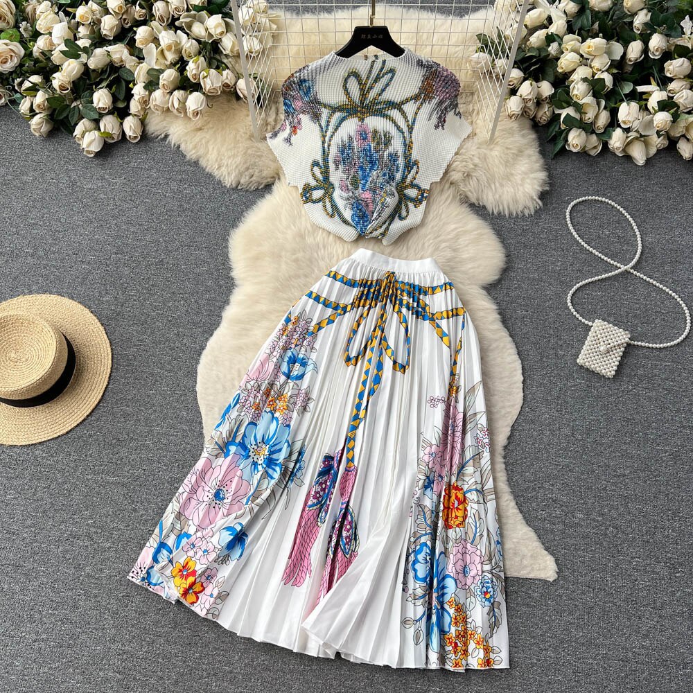 [EWQ] Elegant Short sleeved women's shirt+high waisted pleated skirt trend  2-piece set Summer vacation party clothing