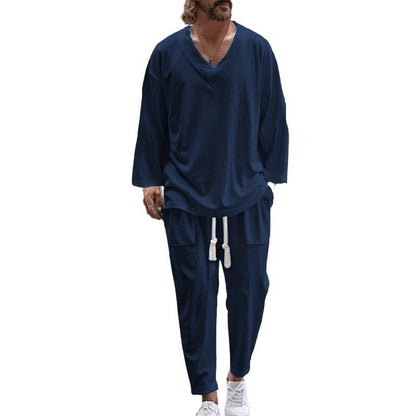 V-neck shirt casual loose long sleeved long pants beach set