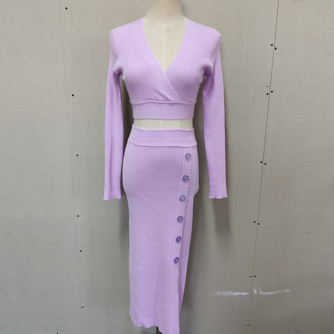 Sexy Knitted Dress Set with Long Sleeve V-neck Waist and Exposed Umbilical Top+Button Split Skirt