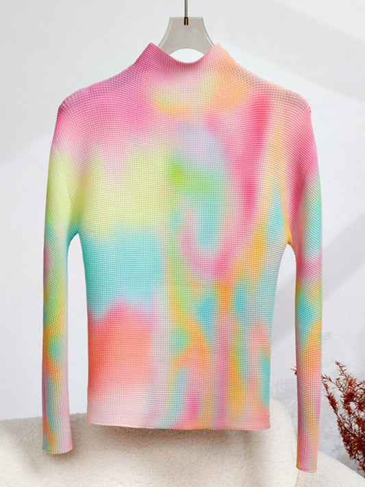 LANMREM Gradient Printing Pleated 2 Pieces Set For Women Round Neck Neck Long Sleeves Tops High Waist Fold Skirts  2YA3490