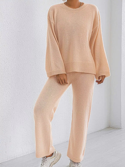 Dropped Shoulder Top and Pants Sweater Set - Apricot Suit - View 4